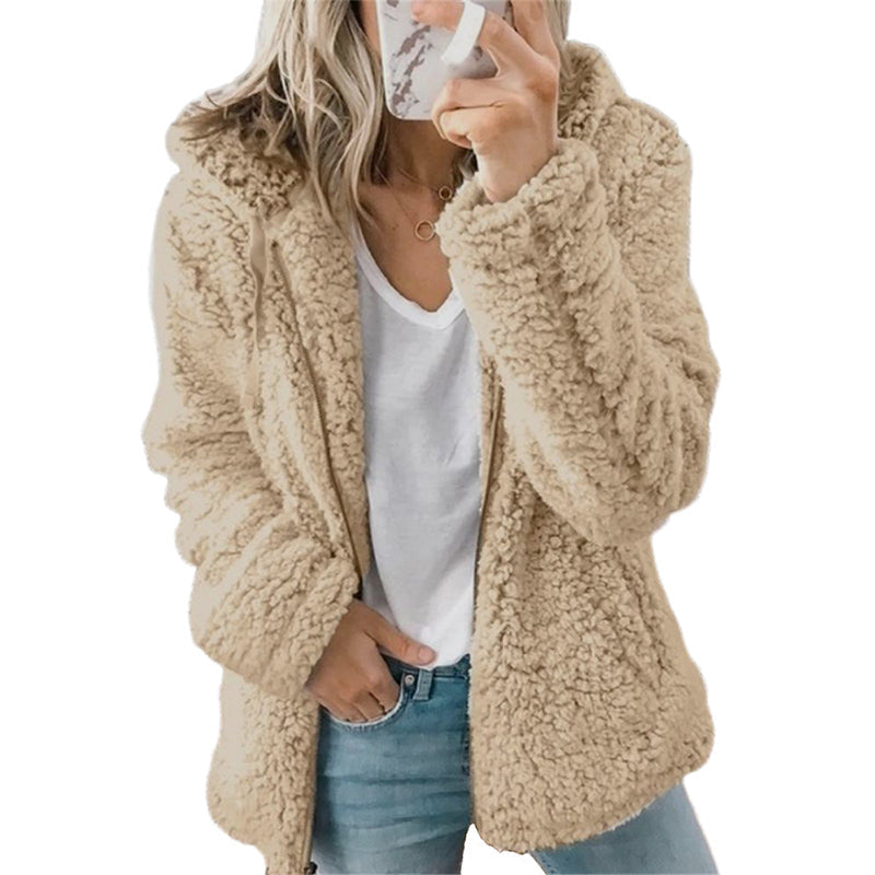 Chaqueta de felpa para mujer con capucha y cremallera