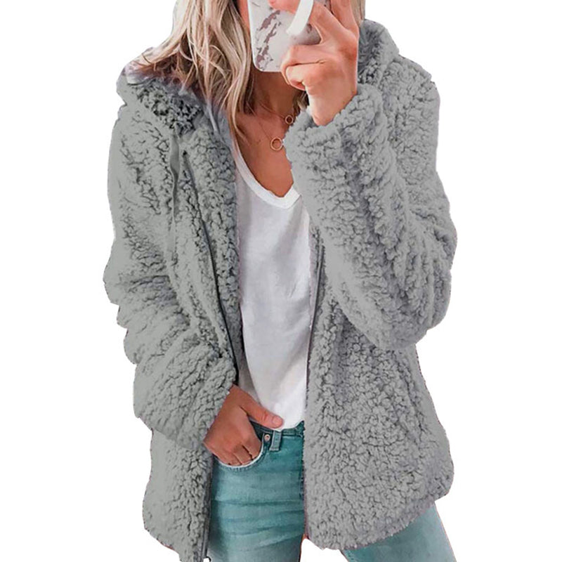 Chaqueta de felpa para mujer con capucha y cremallera