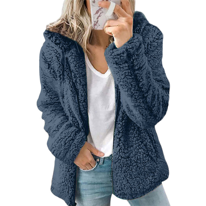Chaqueta de felpa para mujer con capucha y cremallera