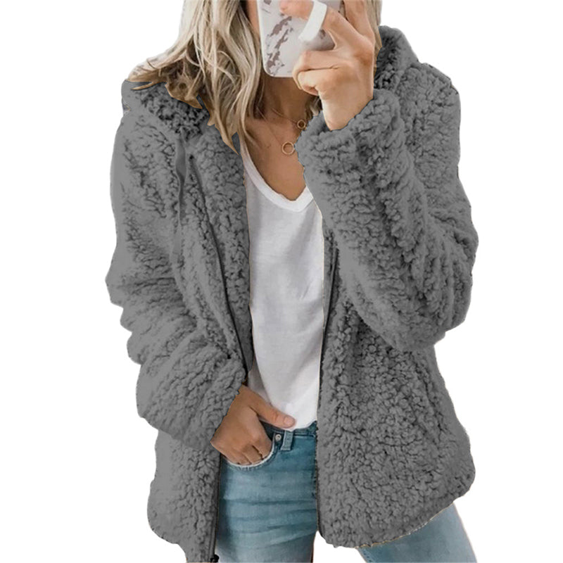 Chaqueta de felpa para mujer con capucha y cremallera