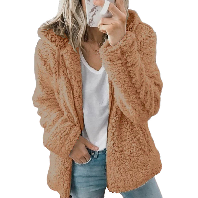 Chaqueta de felpa para mujer con capucha y cremallera