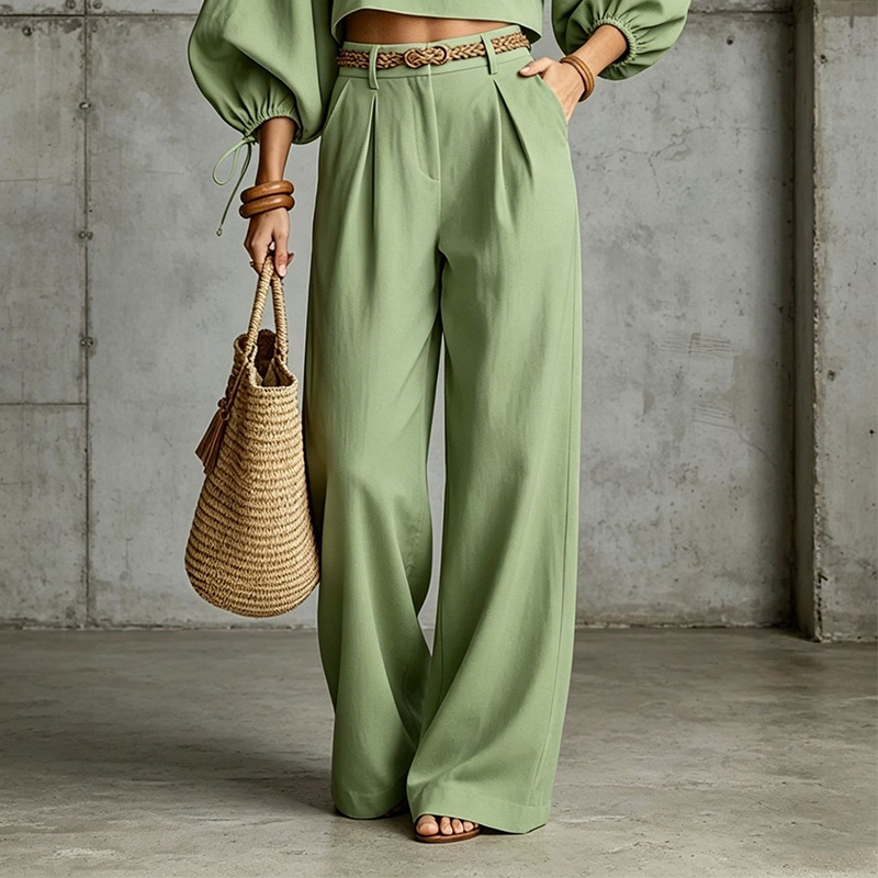 Conjunto de mujer con top corto y pantalón ancho de cintura alta