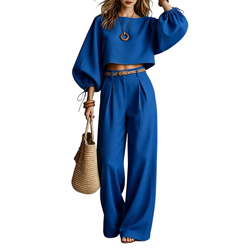 Conjunto de mujer con top corto y pantalón ancho de cintura alta