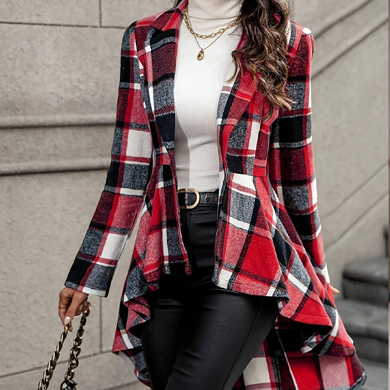 Chaqueta peplum a cuadros para mujer con bajo asimétrico elegante