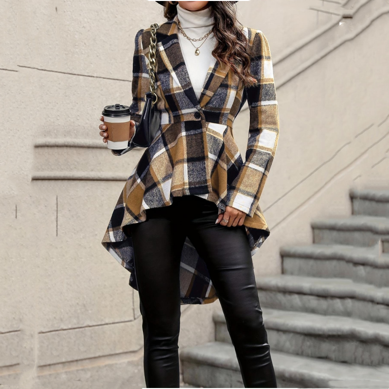 Chaqueta peplum a cuadros para mujer con bajo asimétrico elegante