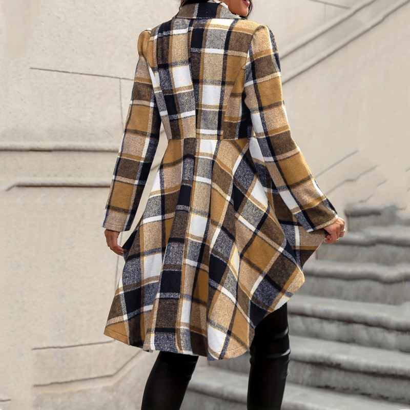 Chaqueta peplum a cuadros para mujer con bajo asimétrico elegante