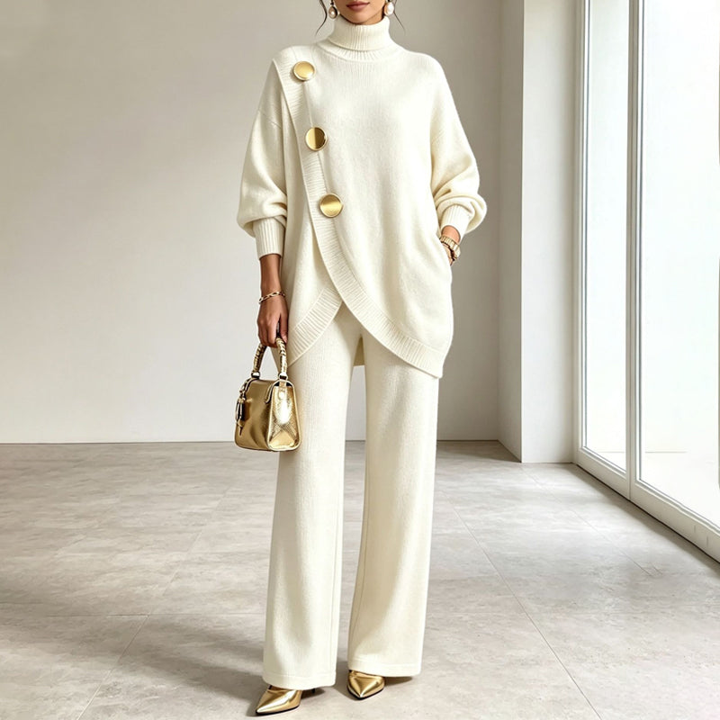 Conjunto de punto para mujer con cuello alto y pantalón de pierna ancha