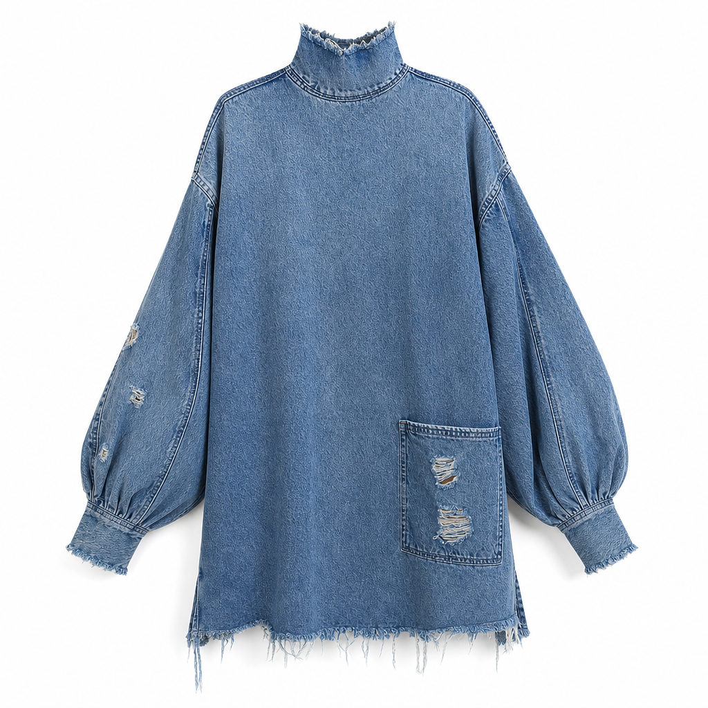 Vestido mini oversize de mujer con cuello alto y mangas amplias