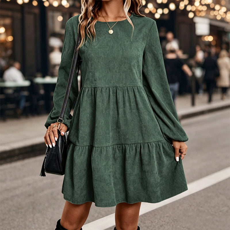 Vestido corto evasé para mujer con volantes y mangas largas