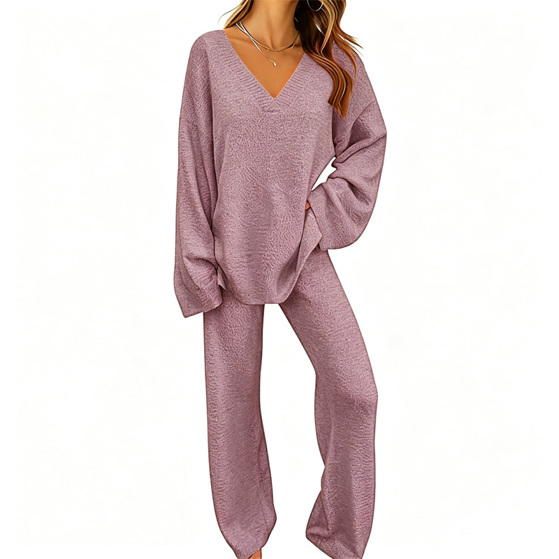 Conjunto de punto para mujer con suéter de cuello en V y pantalón ancho