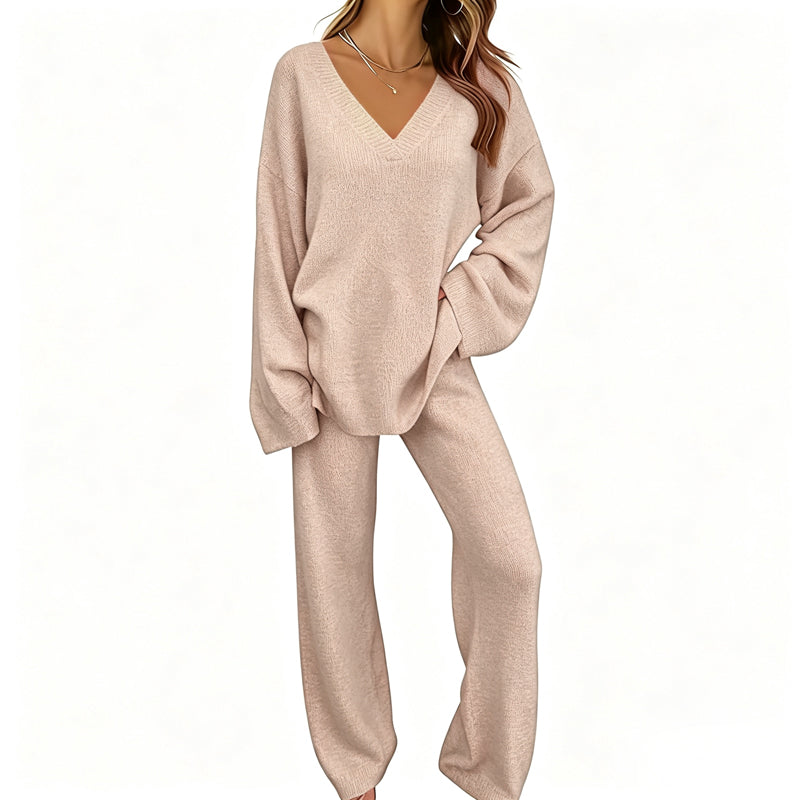 Conjunto de punto para mujer con suéter de cuello en V y pantalón ancho