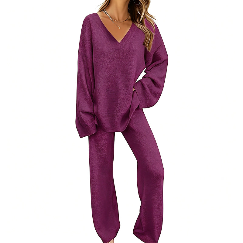 Conjunto de punto para mujer con suéter de cuello en V y pantalón ancho