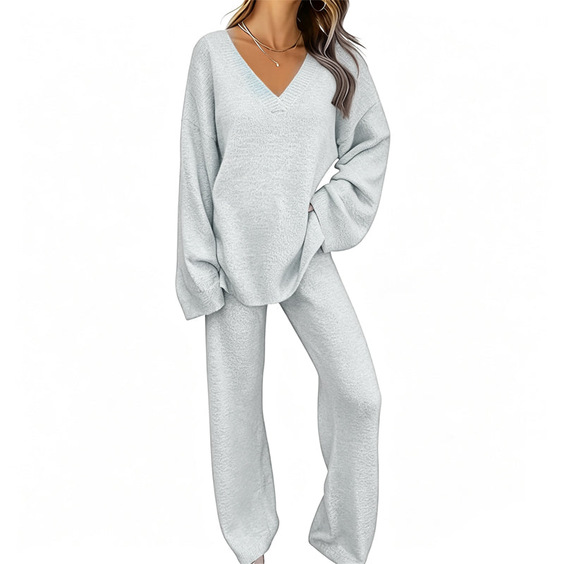 Conjunto de punto para mujer con suéter de cuello en V y pantalón ancho
