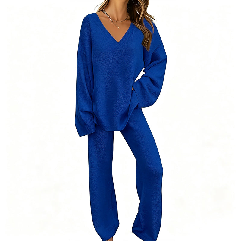 Conjunto de punto para mujer con suéter de cuello en V y pantalón ancho