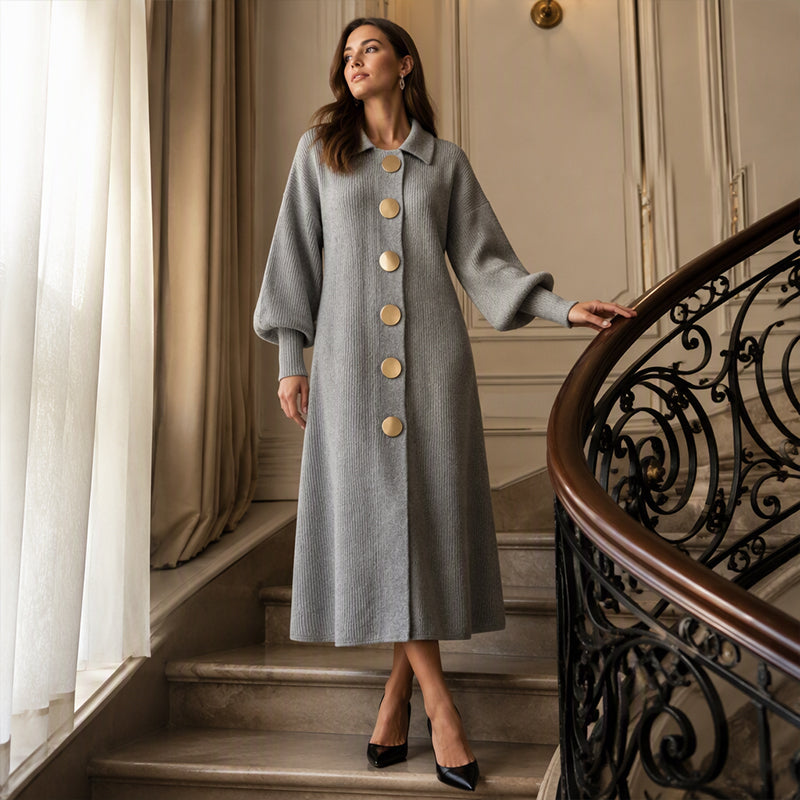 Vestido largo elegante para mujer con botones y mangas abullonadas