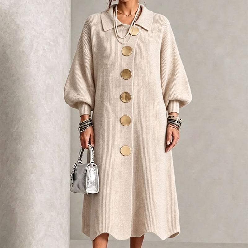 Vestido largo elegante para mujer con botones y mangas abullonadas