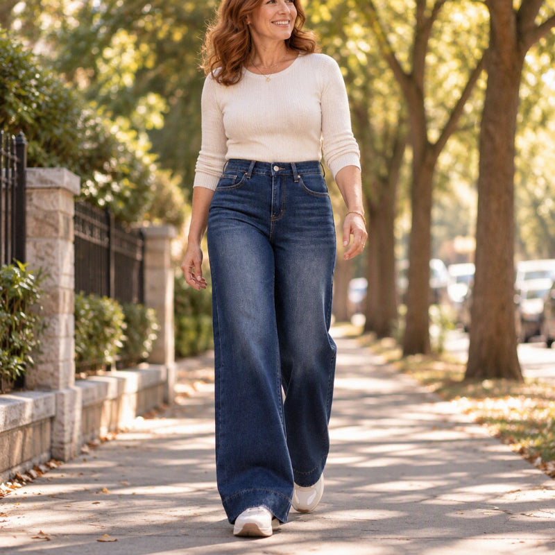 Pantalón vaquero de mujer de talle alto con pierna ancha