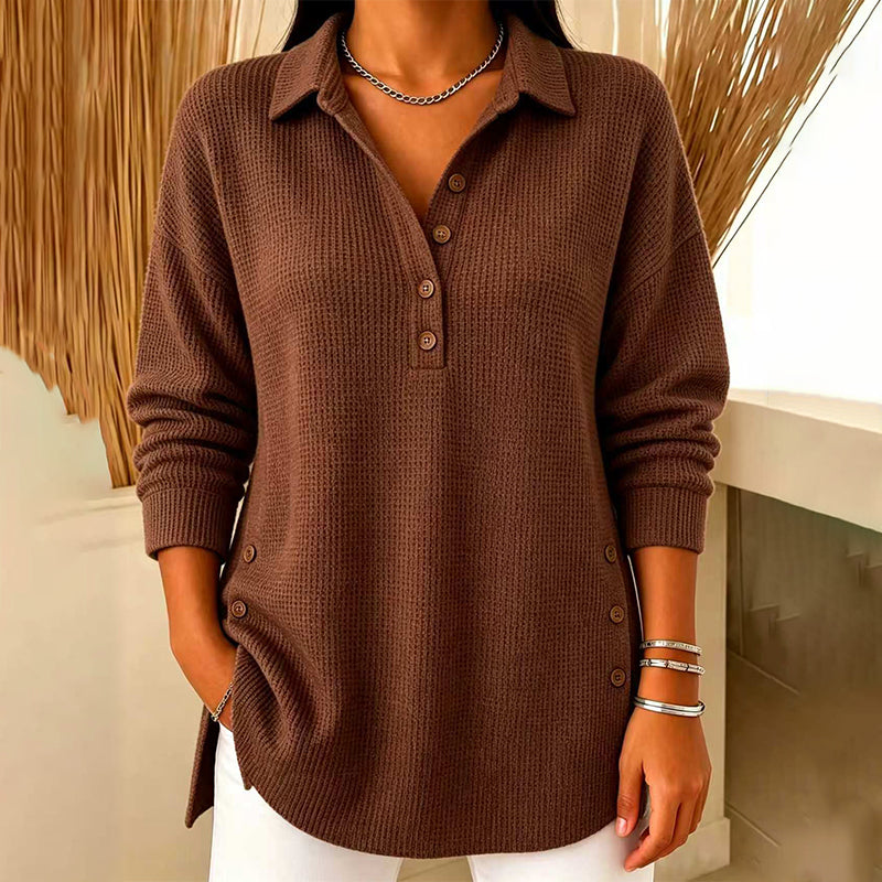 Top de punto texturizado para mujer con cuello polo y botones