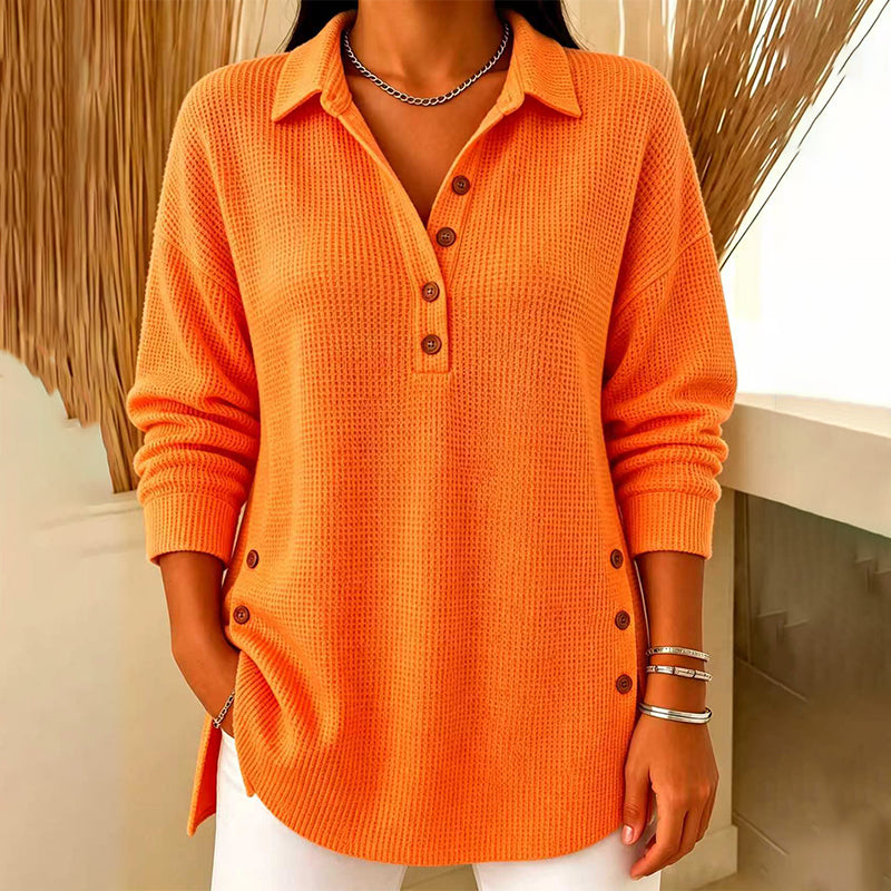 Top de punto texturizado para mujer con cuello polo y botones