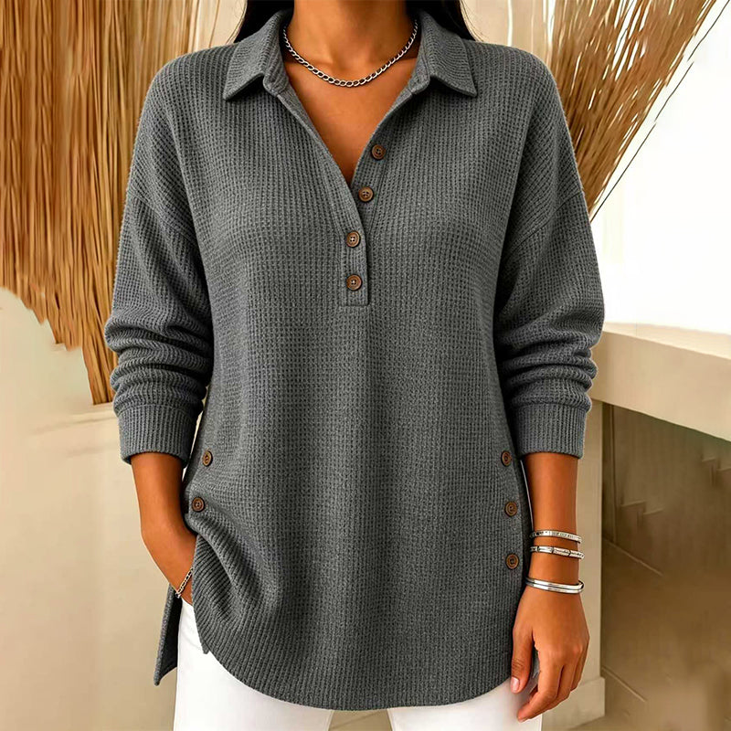 Top de punto texturizado para mujer con cuello polo y botones