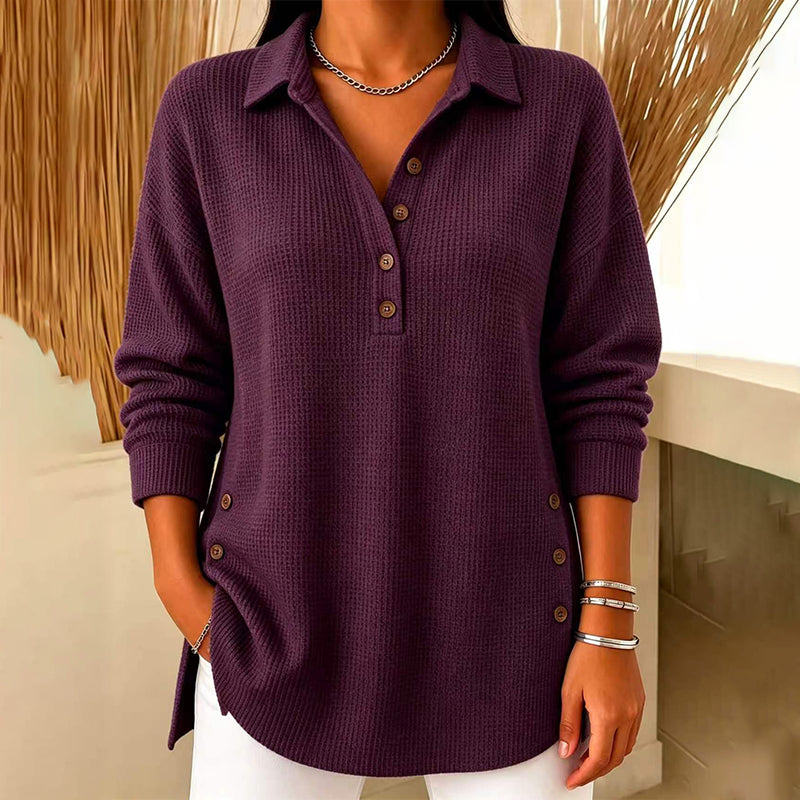 Top de punto texturizado para mujer con cuello polo y botones