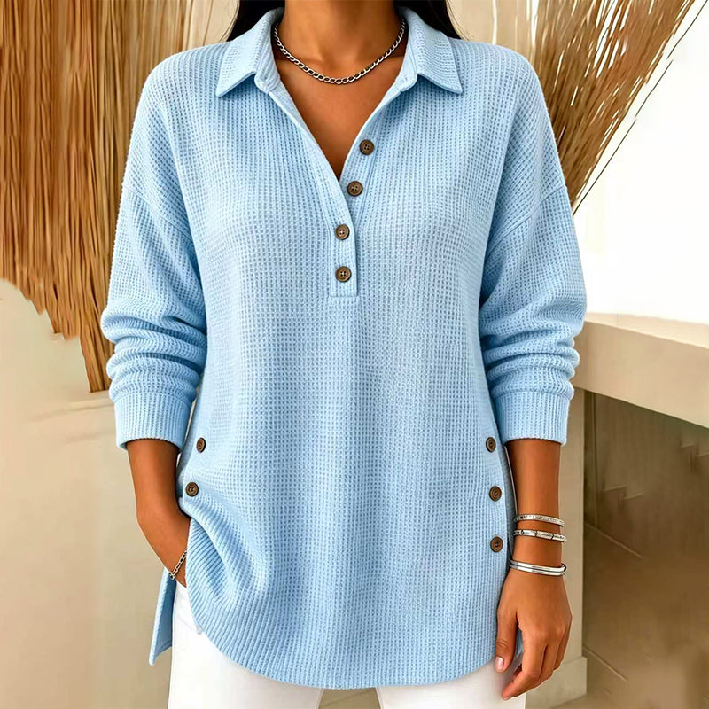 Top de punto texturizado para mujer con cuello polo y botones