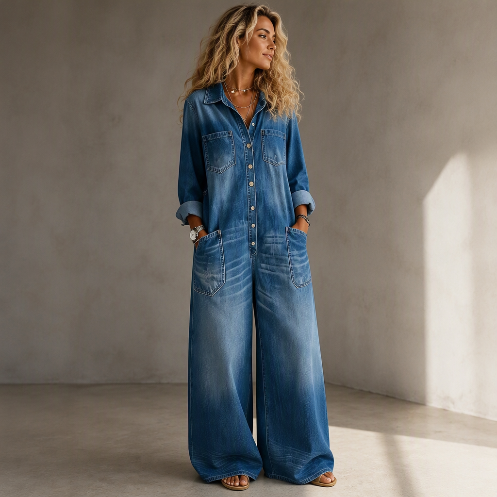 Mono de mujer efecto denim con pierna ancha y botones