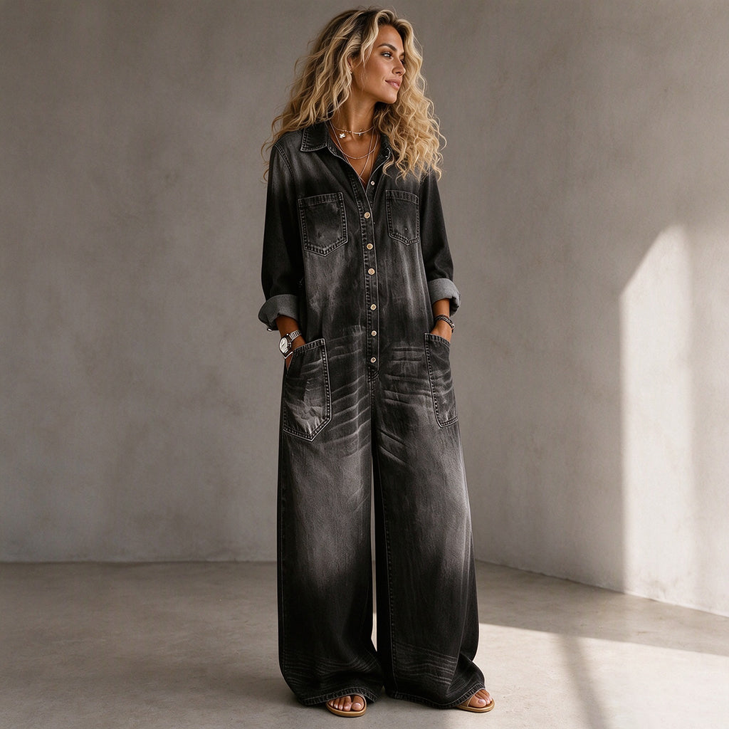 Mono de mujer efecto denim con pierna ancha y botones