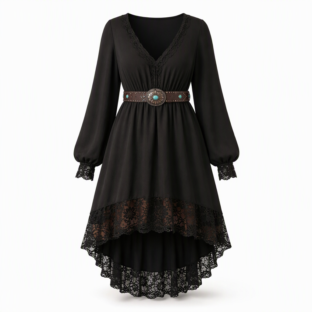 Vestido asimétrico para mujer con encaje y escote en V
