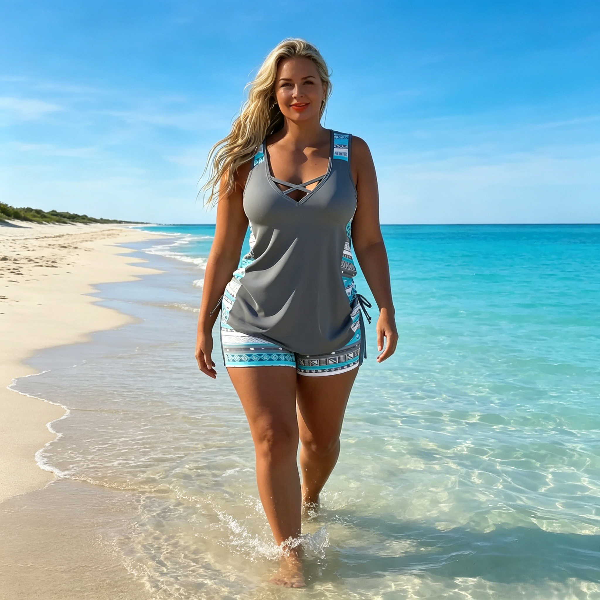 Tankini mujer escote V estampado geométrico dos piezas