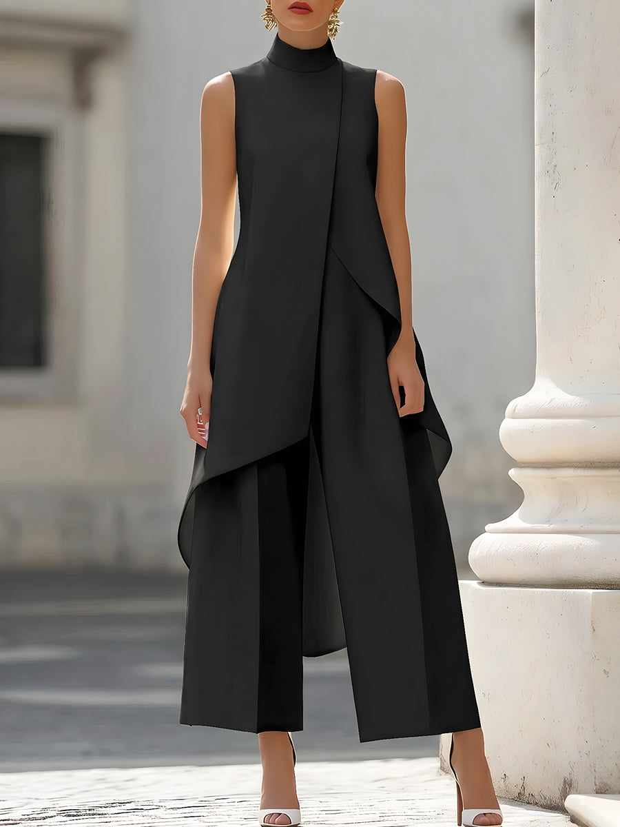 Mono de mujer con cuello alto, panel asimétrico y pantalón ancho