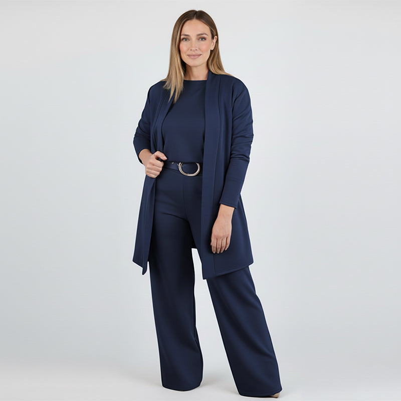 Conjunto tres piezas mujer con cárdigan largo elegante