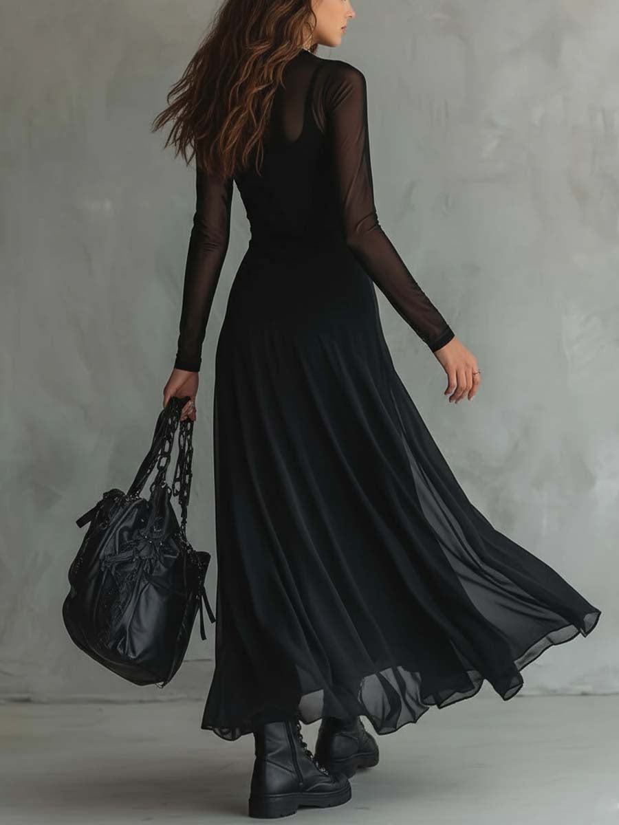 Vestido Maxi Negro Mujer Con Mangas Transparentes – Estilo Elegante