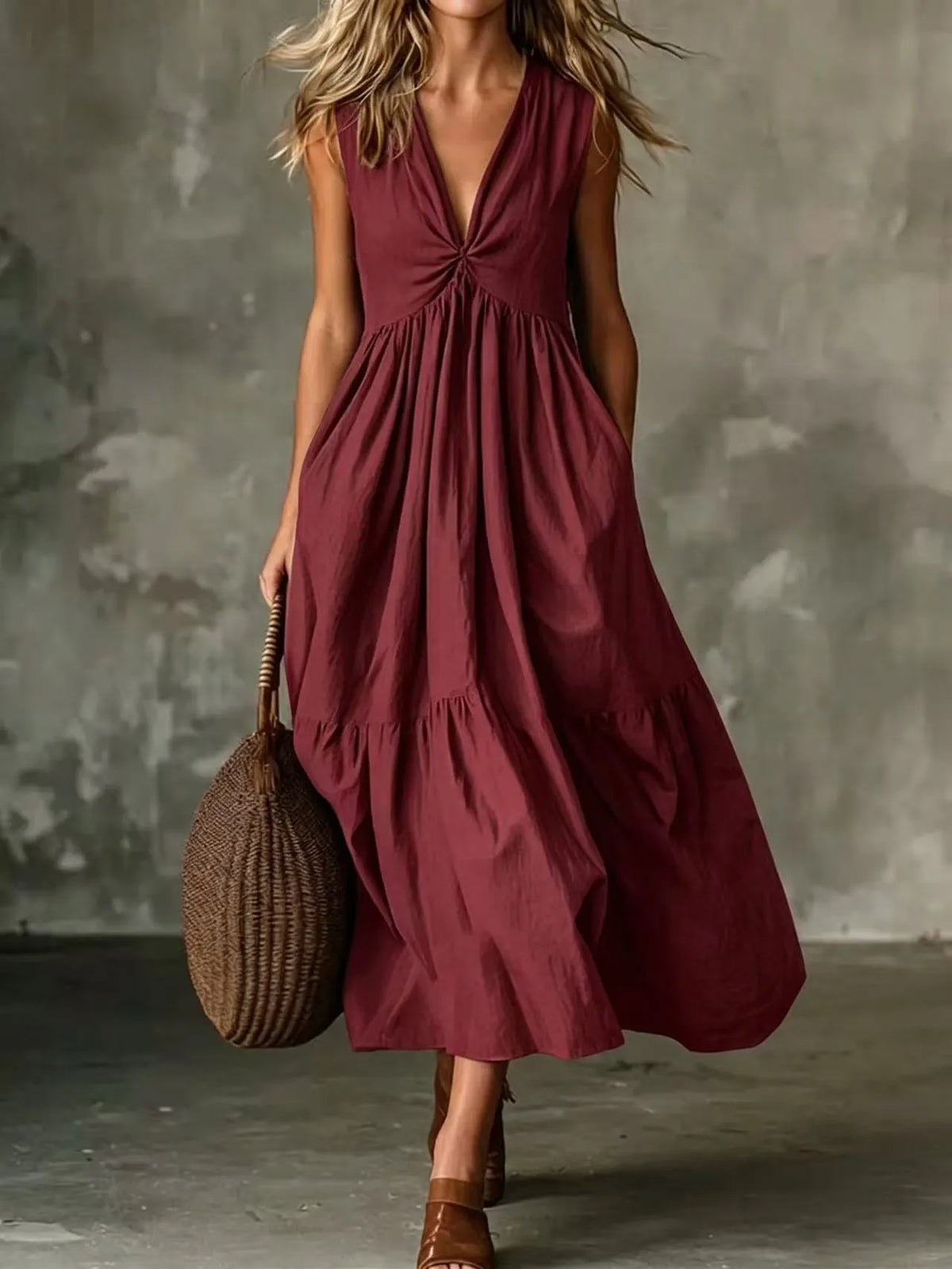 Vestido midi sin mangas para mujer con escote en V y bolsillos