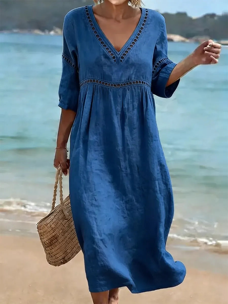 Vestido mujer algodón cuello V fluido – casual verano elegante