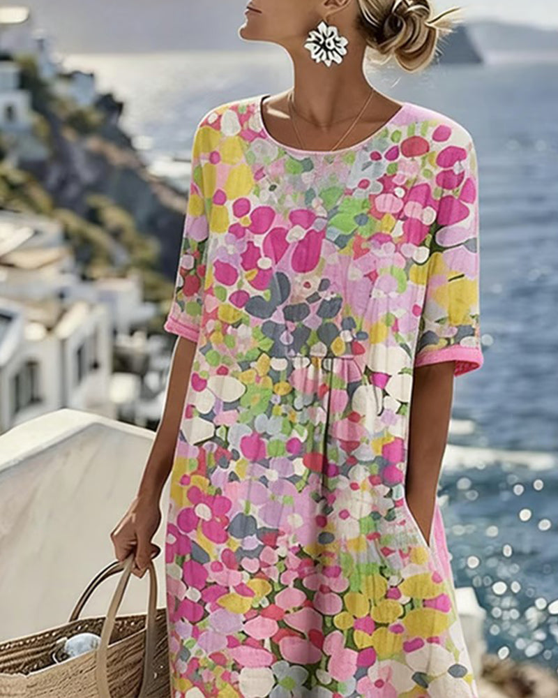Vestido midi mujer algodón lino estampado flores abstractas bolsillos verano