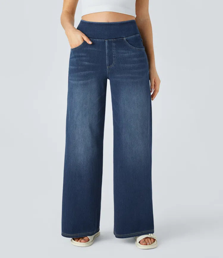 Jean mujer pierna ancha talle alto denim elástico moldeador casual moderno