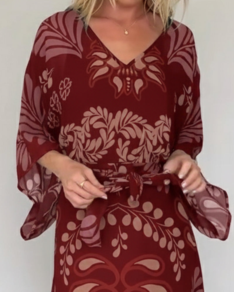 Vestido bohemio mujer maxi estampado hojas fluido elegante