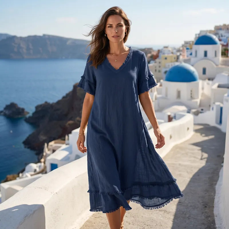 Vestido mujer bohemio con cuello en V y flecos
