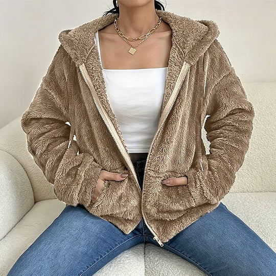 Chaqueta sherpa para mujer con capucha y cremallera