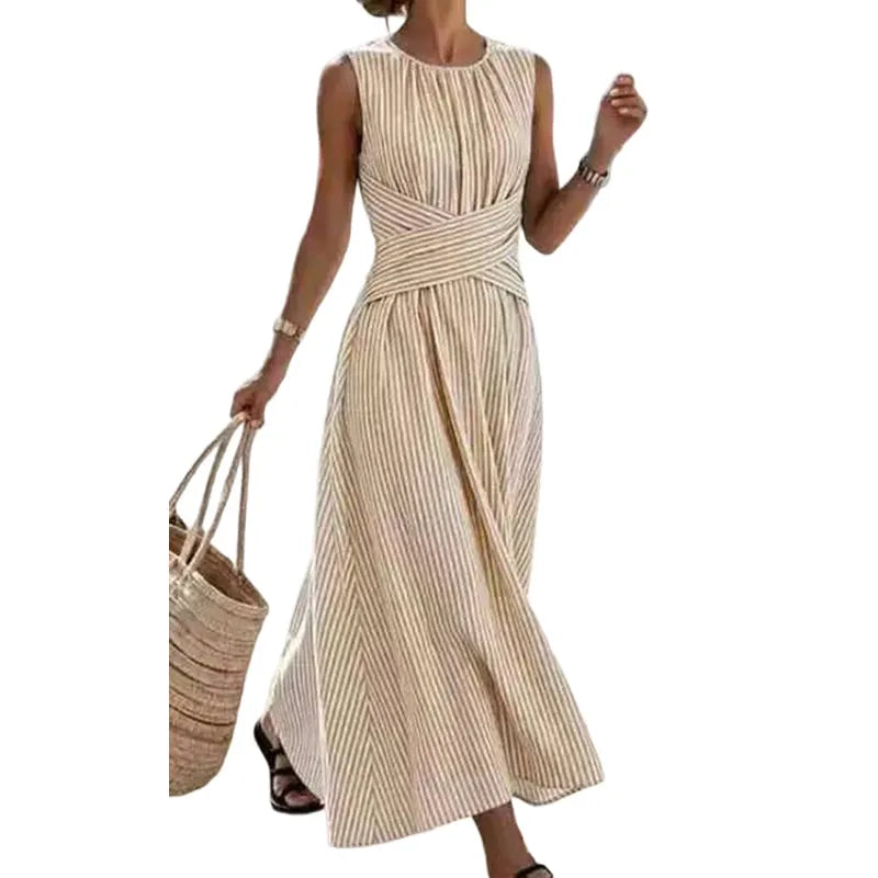 Vestido maxi mujer sin mangas a rayas con cintura cruzada