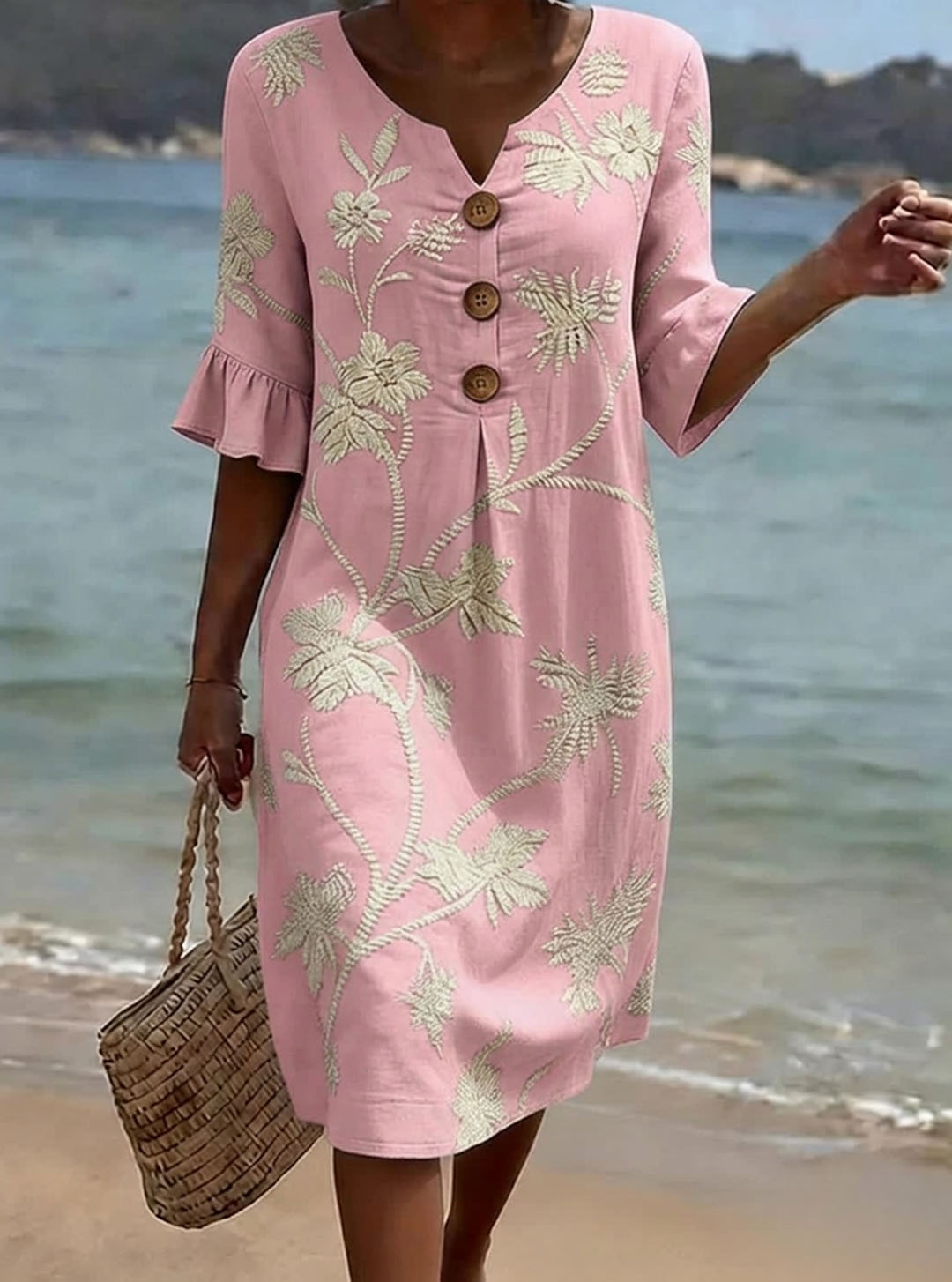 Vestido mujer algodón floral con botones y mangas 3/4