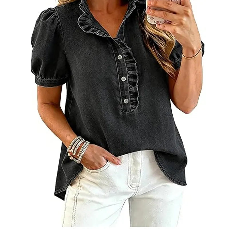 Top denim mujer con cuello volante y mangas abullonadas