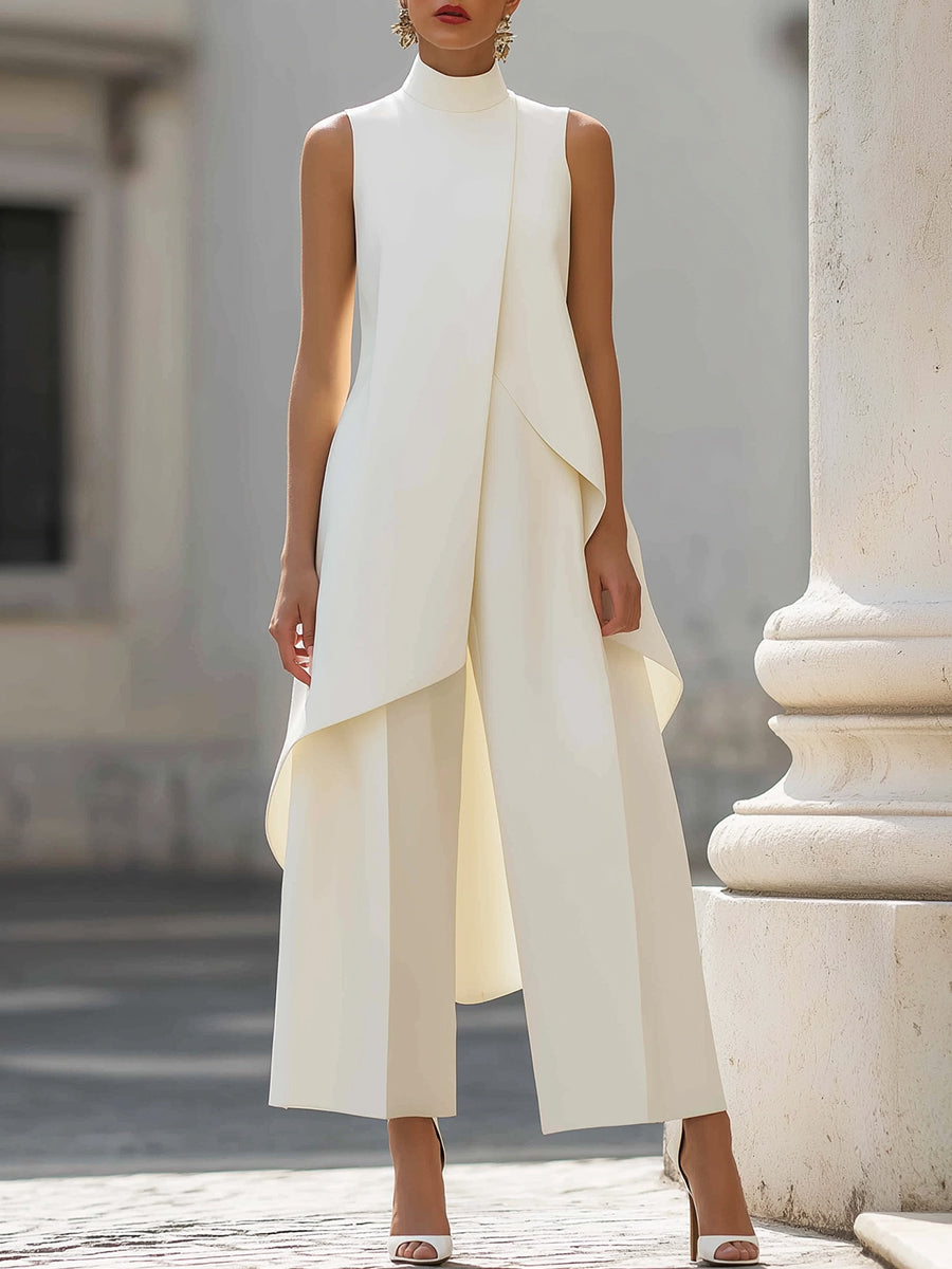 Mono de mujer con cuello alto, panel asimétrico y pantalón ancho