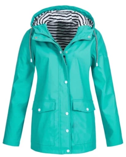 Chaqueta impermeable de mujer con capucha y bolsillos frontales