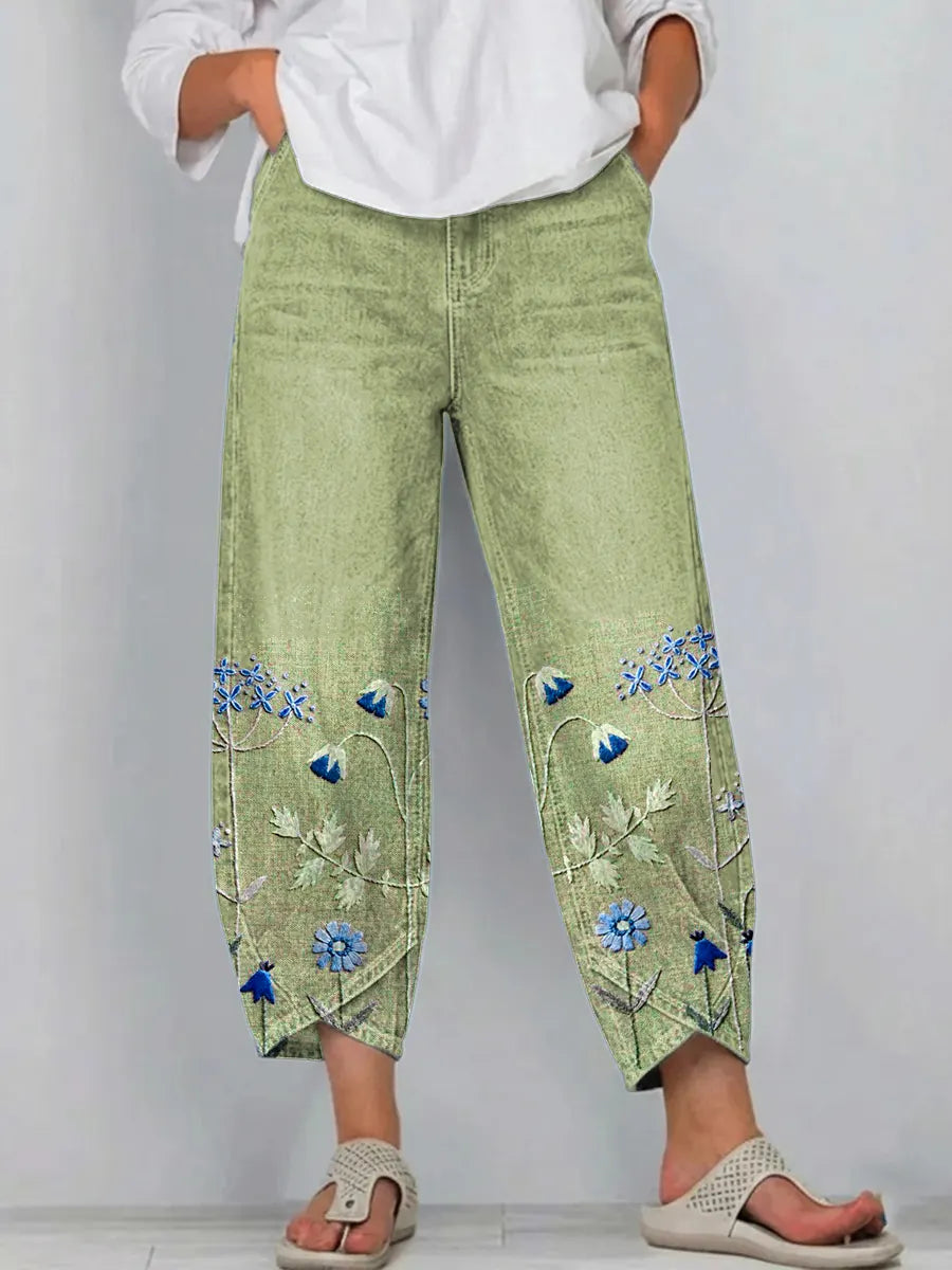 Pantalón mujer denim algodón bordado floral bajo pierna corte recto casual boho
