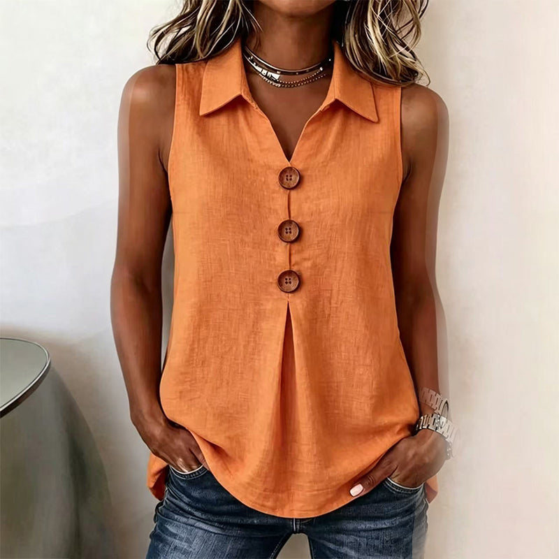 Camisa sin mangas mujer con cuello solapa y botones decorativos