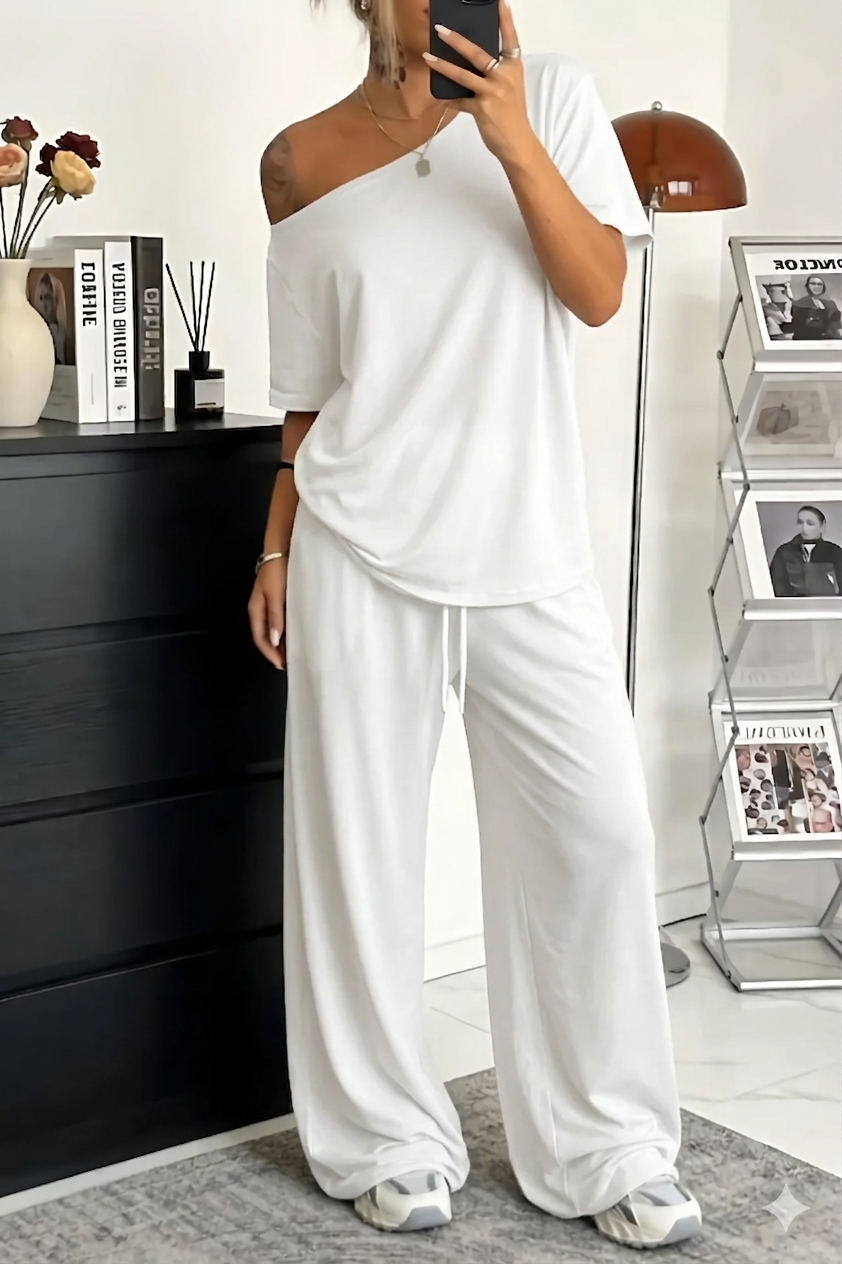 Conjunto mujer hombro descubierto pantalón amplio casual