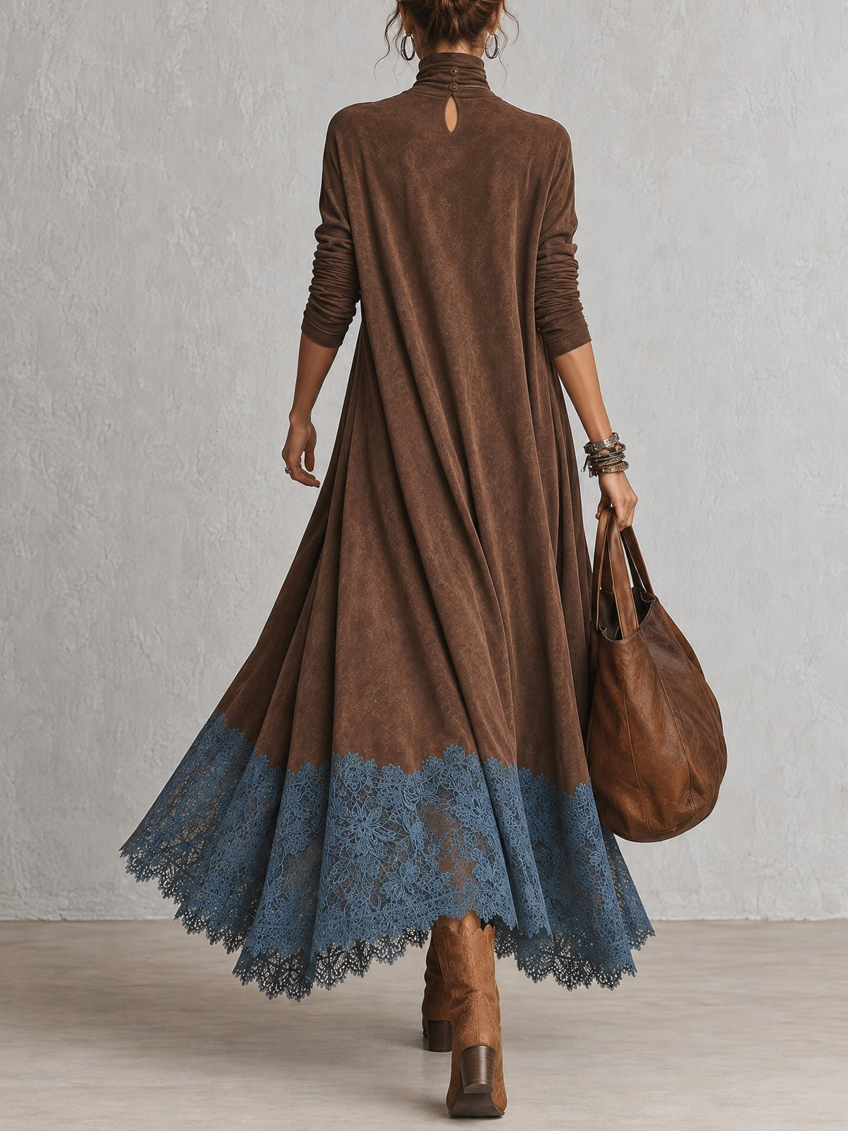 Vestido largo para mujer con cuello alto y bajo de encaje floral