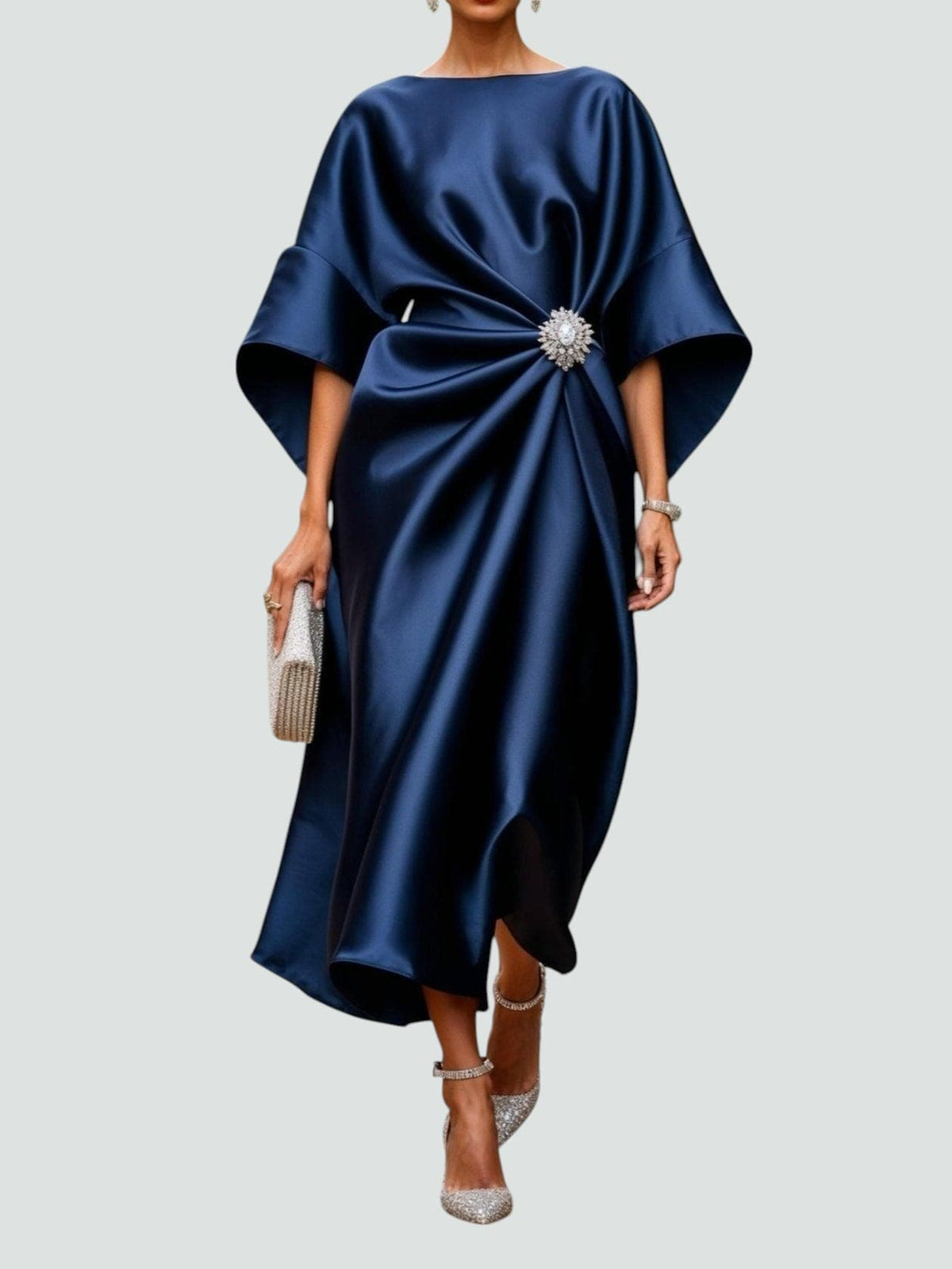 Vestido largo de satén para mujer con drapeado y mangas capa